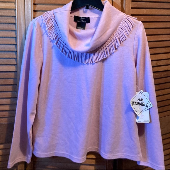 Nina Leonard Sweaters - Lennie for Nina Leonard Pink Cowl Neck Fringed Collar Knit Sweater